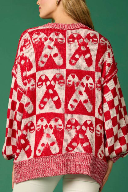 Luvik | Joulunpallo Ruudullinen Pyöreäkauluksinen Pitkähihaiseksi Löysä Neulepusero