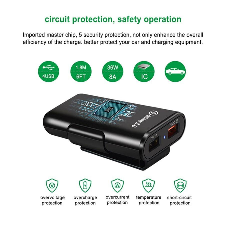 4-Port USB billader med forlengelseskabel | Luvikno