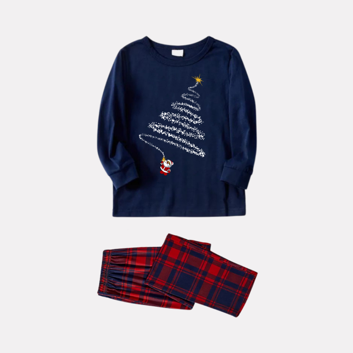Luvik | Santa Claus Print Blue Pitkähiha Shirt with Red and Blue Checked Christmas Family Matching Pajamat