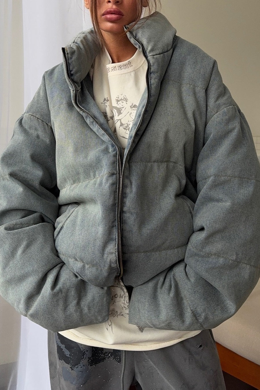 Luvik | Denim Ståkrage Puffer Jakke