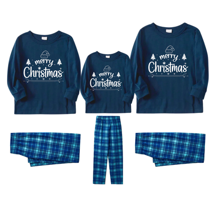 Luvik | "Hyvää Joulua" Valkoinen Kirje 2025 Sininen Pitkähiha Teeppari Sinisellä Ruudullisella Kuviolla Perheen Yhteensopivat Yöpaidat