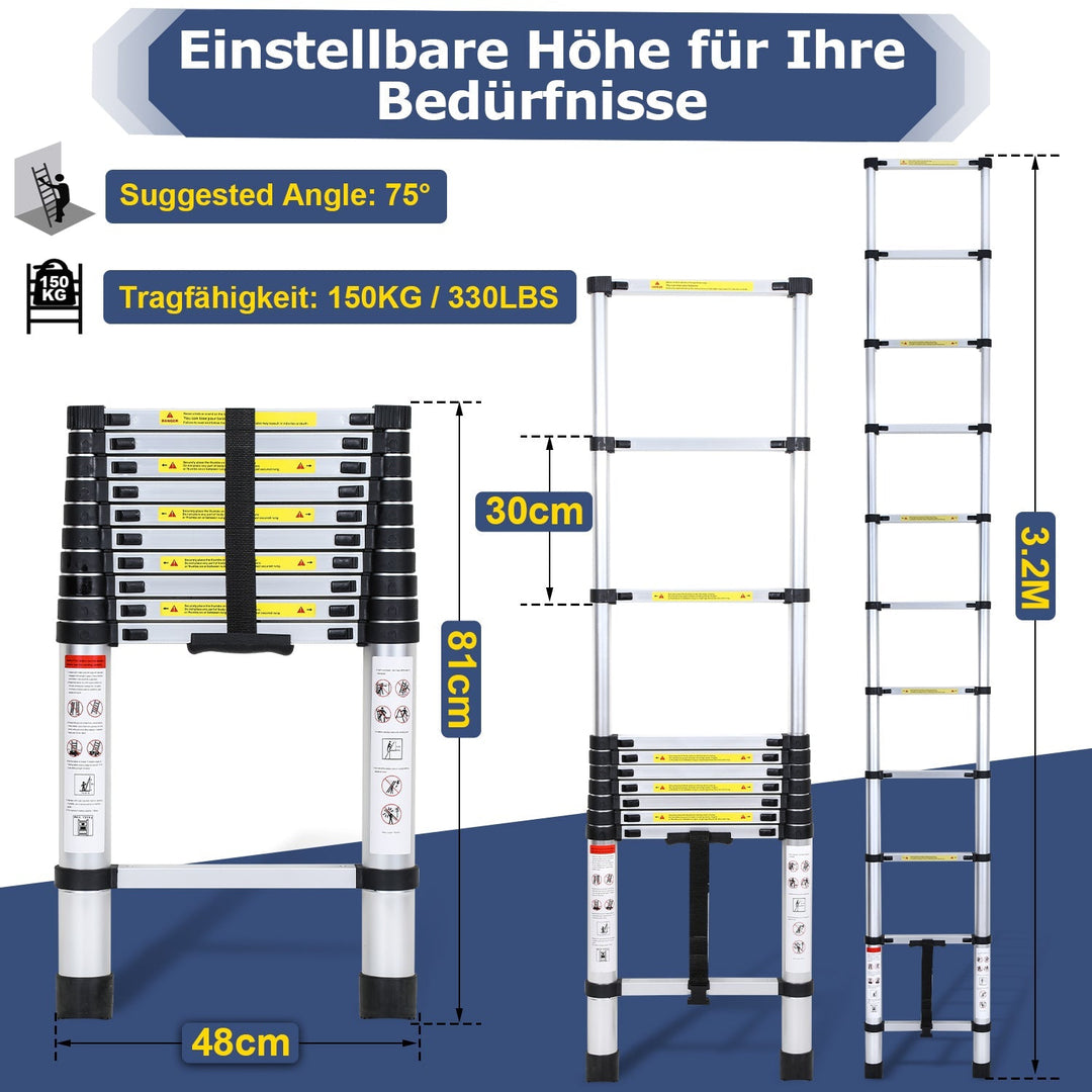 Teleskopisk stige Aluminium Belastningsevne opp til 150kg 2,6m-5m | Luvikno