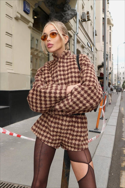 Luvik | Houndstooth Vetoketjullinen Takki ja Shortsit Kahden Osan Setti