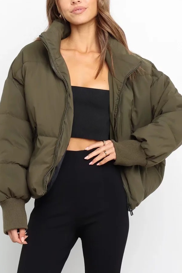 Luvik | Kauluksessa Vetoketju Tasku Paksu Lämmin Puuvillatakki