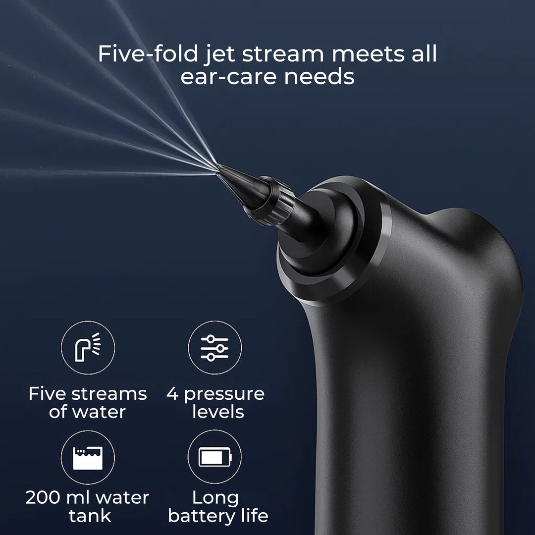 AquaCleanse | Elektrisk Ørevoksfjerner – Justerbart Vannspray – Silikontipp – Varm Irrigasjon for Familier Luvikno
