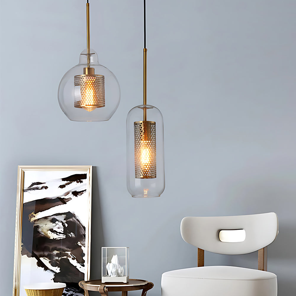 Vintage industriell pendellampe med rund glass og gull – LED pendellampe for spisestue og stue | Luvikno