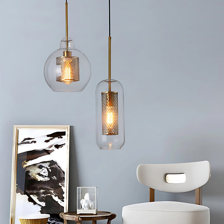 Vintage industriell pendellampe med rund glass og gull – LED pendellampe for spisestue og stue | Luvikno