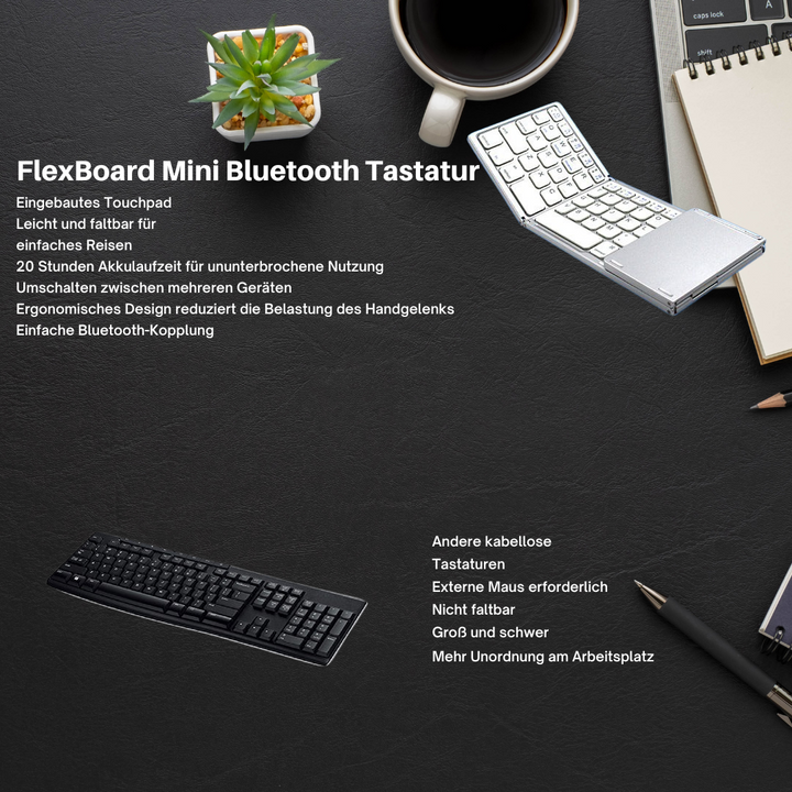 Luvikno | Sammenleggbar Bluetooth-tastatur med berøringsplate | Bærbart trådløst mini-tastatur for Windows, Mac, iOS og Android