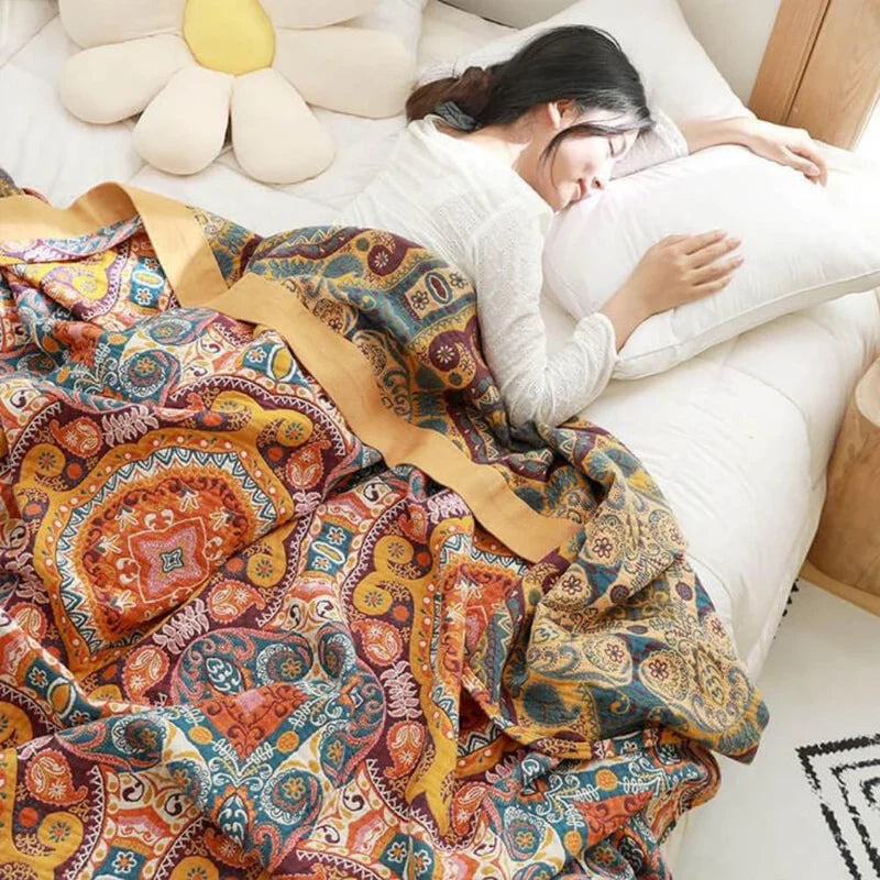 Sunrise Boho Vendbar Teppe, 100% Bomull Kjølende Quilt | Luvikno