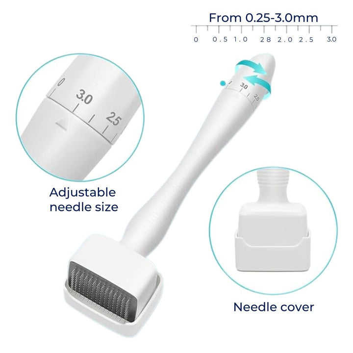 RevitaGlow | Microneedling Derma Stamp – Justerbar dybde – 140 nåler – Hud- og hårfornyelse Luvikno
