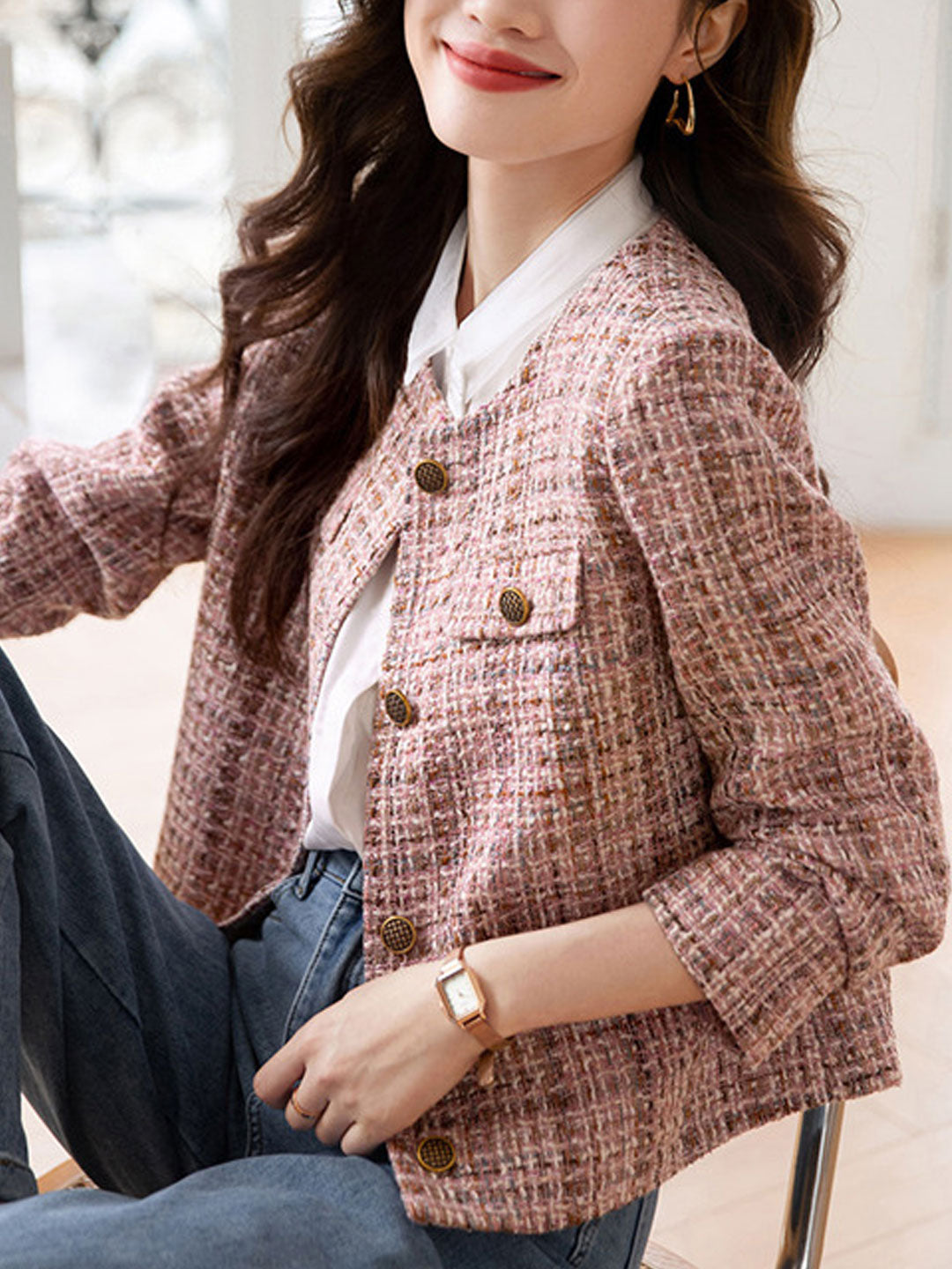 Luvik | Stylisk Rund Hals Rosa Tweed Jakke