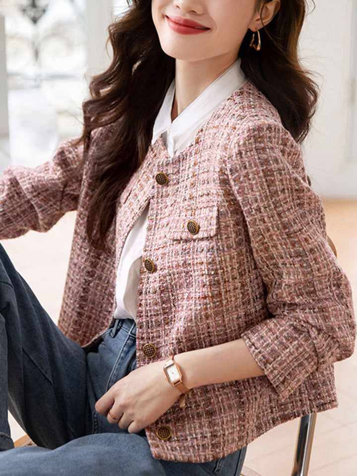 Luvik | Stylisk Rund Hals Rosa Tweed Jakke