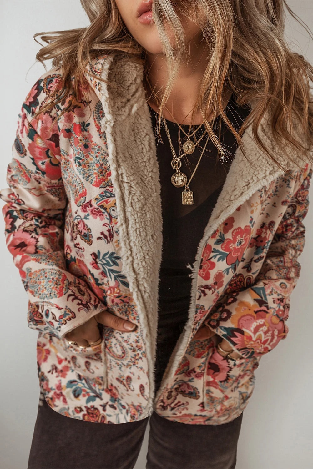 Luvik | Vintage Paisley Blomst Trykt Sherpa Fôr Hettegenser