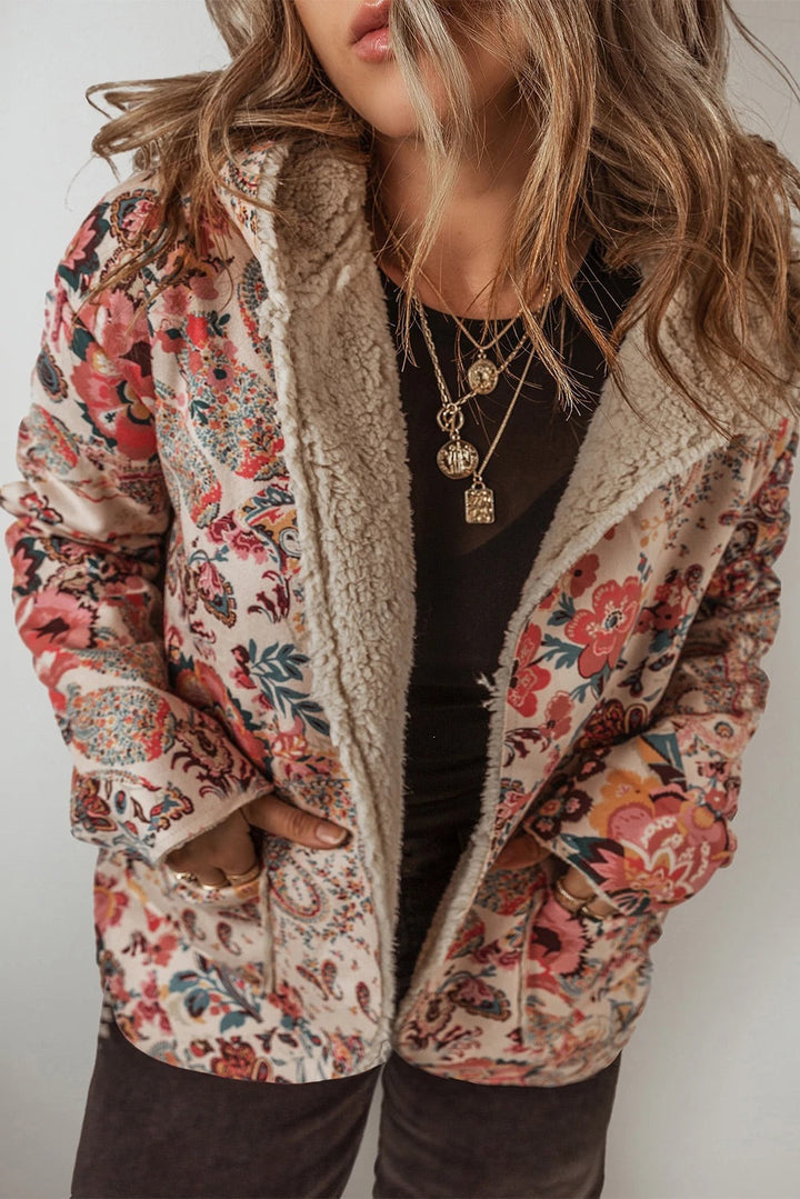 Luvik | Vintage Paisley Blomst Trykt Sherpa Fôr Hettegenser
