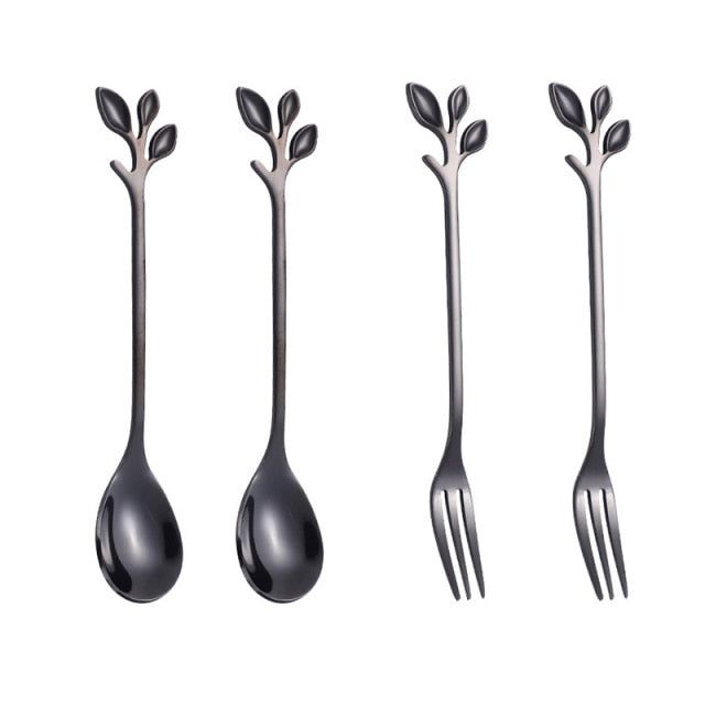 4pcs Kreativ Grenn Blader Skje Gaffel Rør Skje Frukt Servise | Luvikno