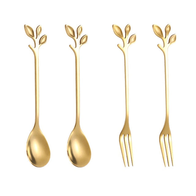 4pcs Kreativ Grenn Blader Skje Gaffel Rør Skje Frukt Servise | Luvikno
