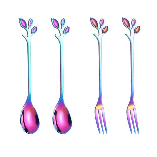 4pcs Kreativ Grenn Blader Skje Gaffel Rør Skje Frukt Servise | Luvikno
