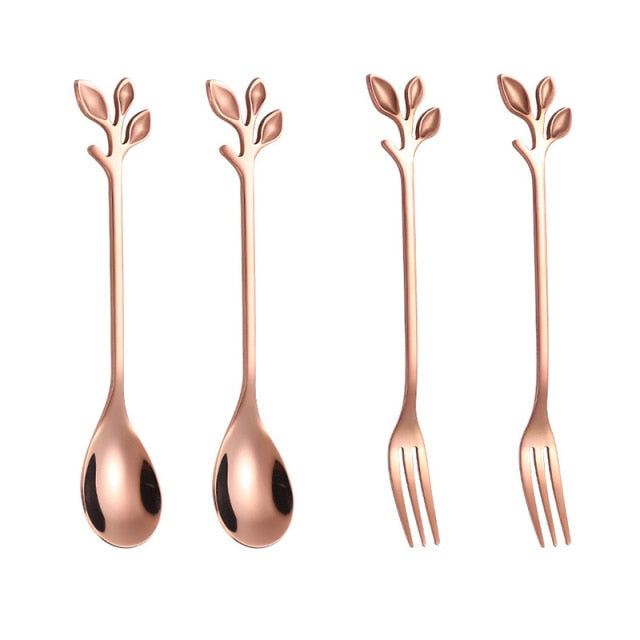 4pcs Kreativ Grenn Blader Skje Gaffel Rør Skje Frukt Servise | Luvikno