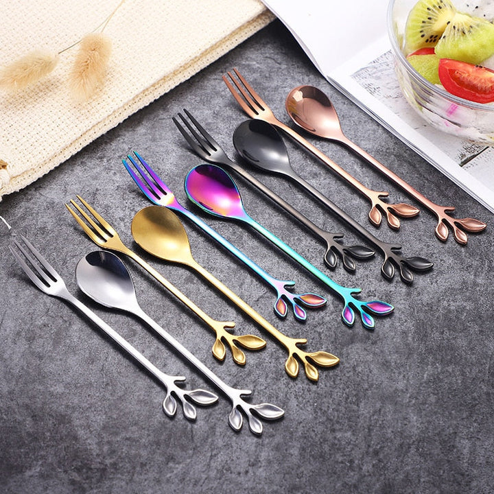 4pcs Kreativ Grenn Blader Skje Gaffel Rør Skje Frukt Servise | Luvikno
