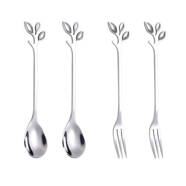 4pcs Kreativ Grenn Blader Skje Gaffel Rør Skje Frukt Servise | Luvikno