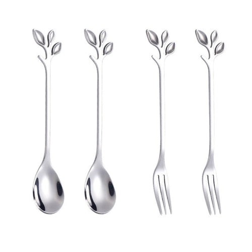 4pcs Kreativ Grenn Blader Skje Gaffel Rør Skje Frukt Servise | Luvikno