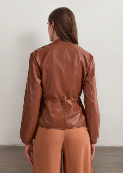 Luvik | Konjakki Keinonahkainen Vetoketjula takki, jossa Nyörivyöt