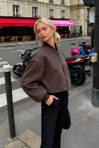 Luvik | Harmaa Nubuck Pilot Stand Collar Vetoketjunjakki