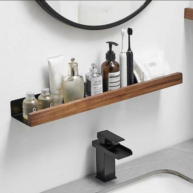 Luvikno | Solid Wood Bathroom Shelf – No-Drill Veggmontert Badeorganisator