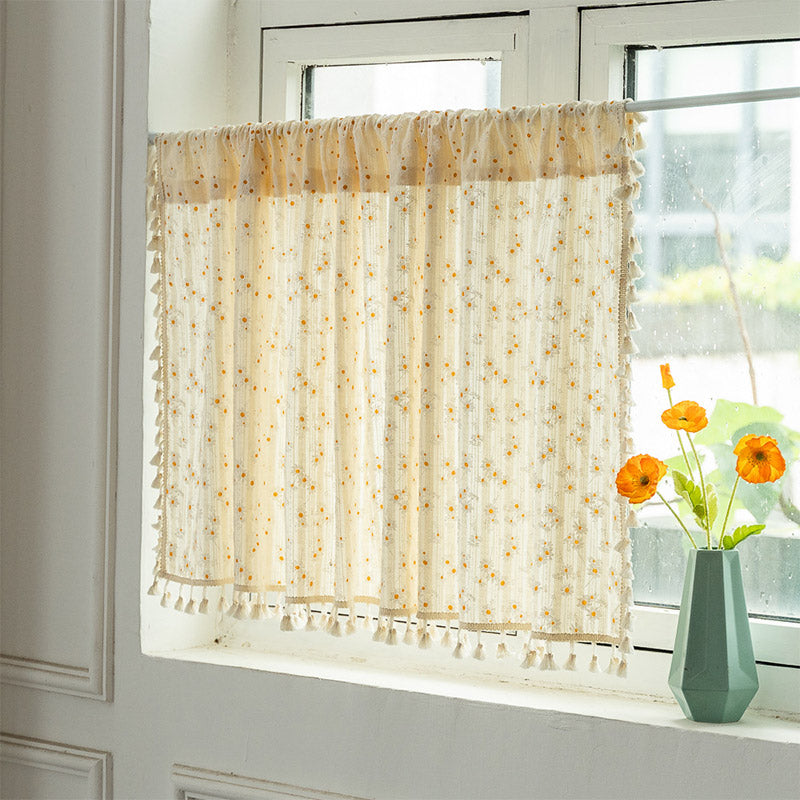 Beige Daisy Pattern Tier Gardin i Bomull Lin Stoff | Luvikno