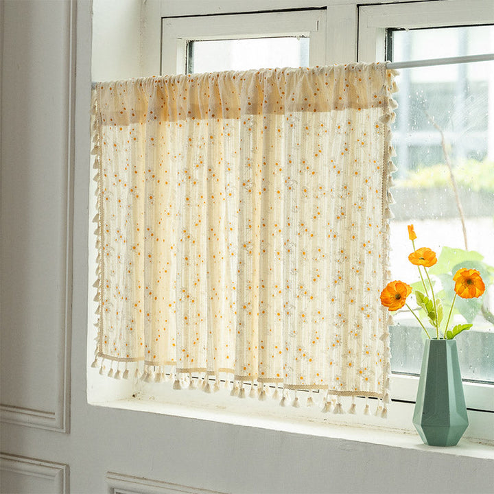Beige Daisy Pattern Tier Gardin i Bomull Lin Stoff | Luvikno