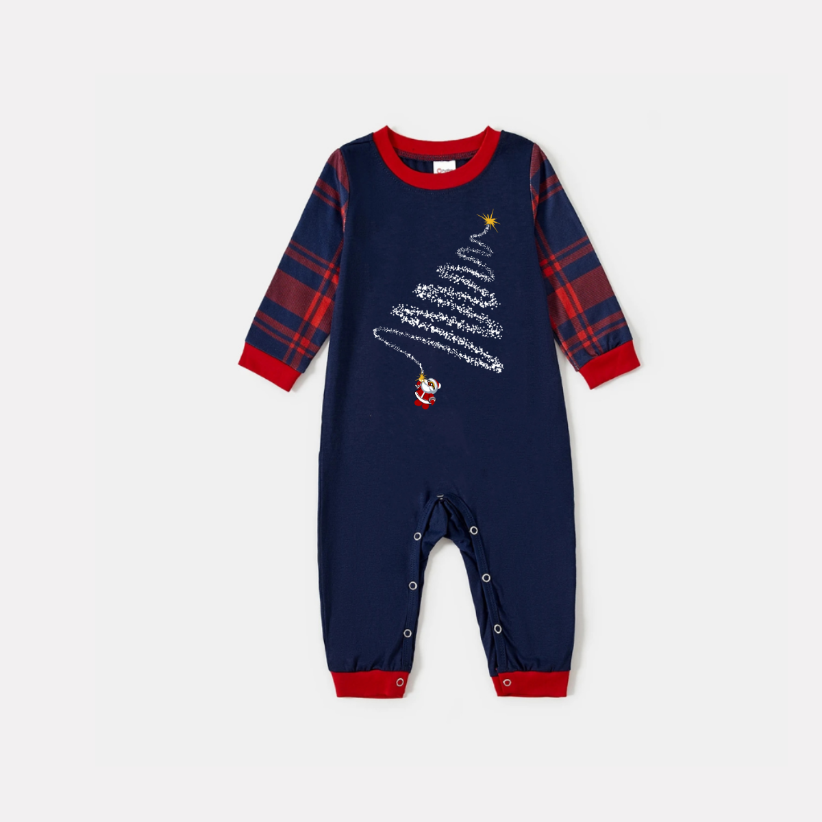 Luvik | Santa Claus Print Blue Pitkähiha Shirt with Red and Blue Checked Christmas Family Matching Pajamat