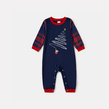 Luvik | Santa Claus Print Blue Pitkähiha Shirt with Red and Blue Checked Christmas Family Matching Pajamat