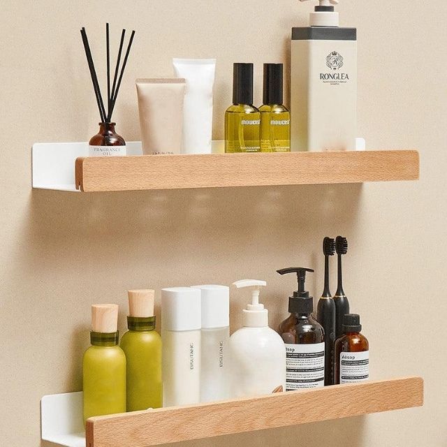 Luvikno | Solid Wood Bathroom Shelf – No-Drill Veggmontert Badeorganisator