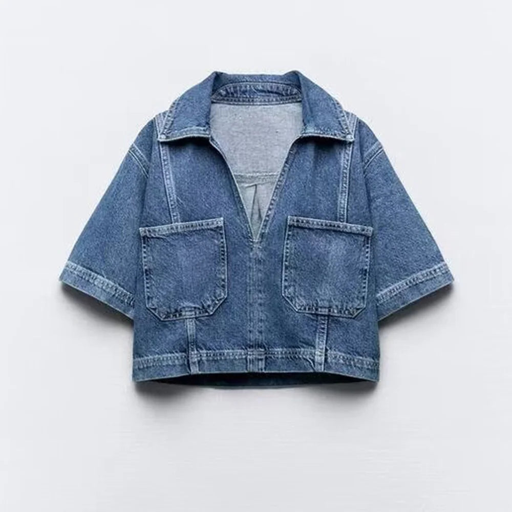 Luvik | Tyylikkäät Denim-lyhyet housut ja toppi modernilla V-kaula-aukolta