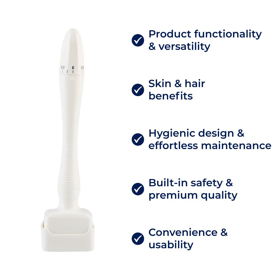 RevitaGlow | Microneedling Derma Stamp – Justerbar dybde – 140 nåler – Hud- og hårfornyelse Luvikno