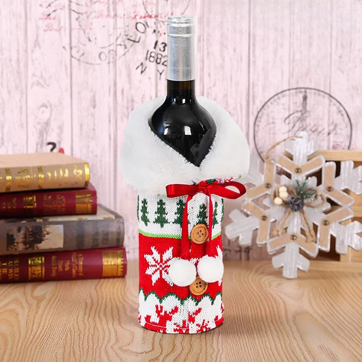 Juleflaskehette med pelskrage – festlig hette for vinflasker, nisse dekorasjon til jul, perfekt som gaveinnpakning | Luvikno