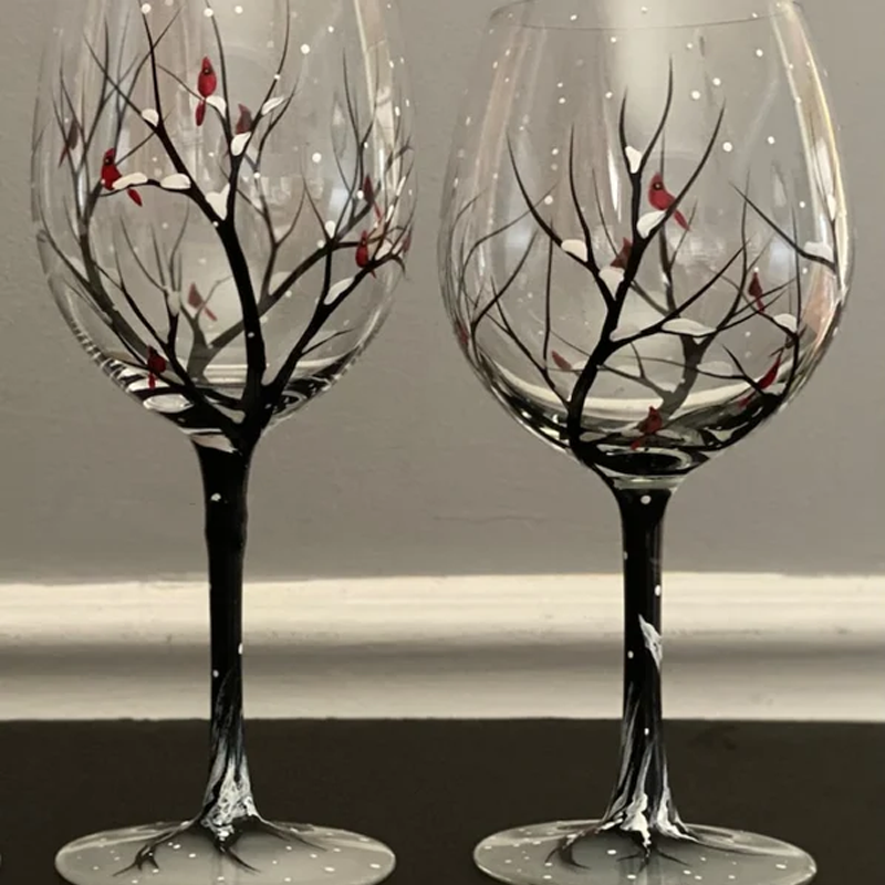 Fire Seasons Tree Vin Glass - Håndmalt Kunst | Luvikno