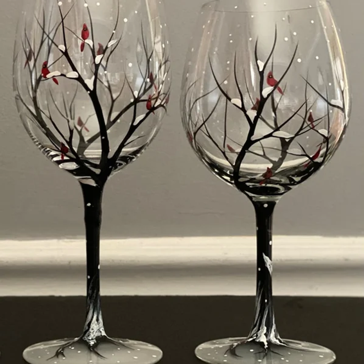Fire Seasons Tree Vin Glass - Håndmalt Kunst | Luvikno