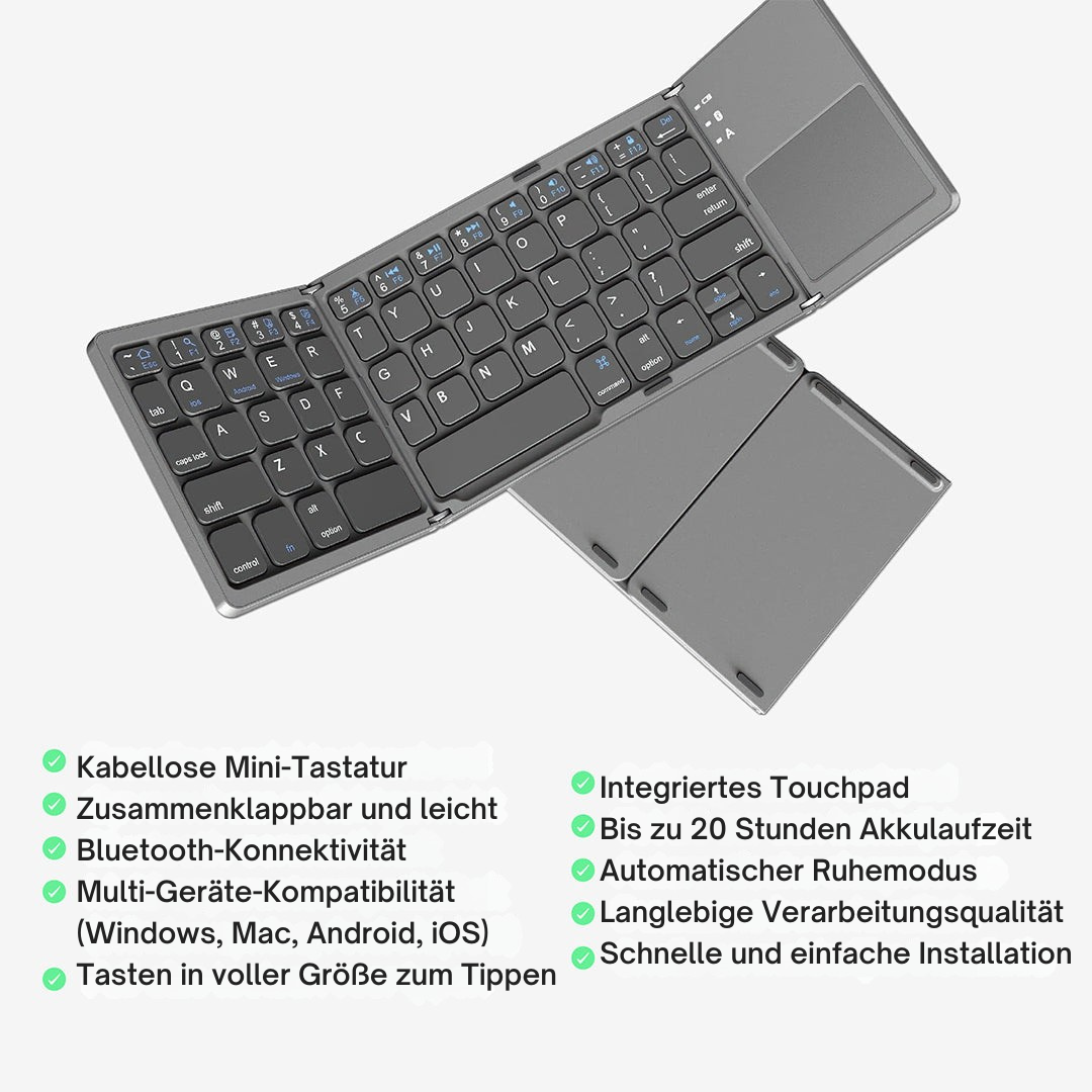 Luvikno | Sammenleggbar Bluetooth-tastatur med berøringsplate | Bærbart trådløst mini-tastatur for Windows, Mac, iOS og Android