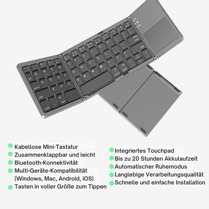 Luvikno | Sammenleggbar Bluetooth-tastatur med berøringsplate | Bærbart trådløst mini-tastatur for Windows, Mac, iOS og Android