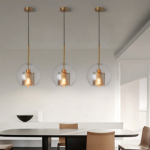 Vintage industriell pendellampe med rund glass og gull – LED pendellampe for spisestue og stue | Luvikno
