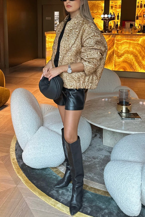 Luvik | Pystykauluksen vetoketjulla varustettu taskujakku, jossa on paljetteja