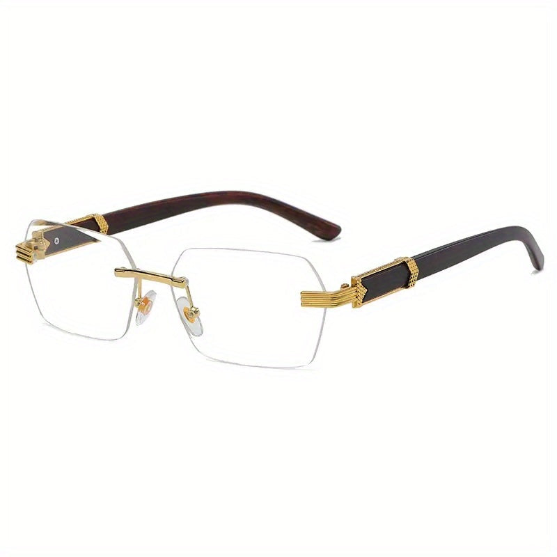Rimless solbriller med rektangulære linser og faux tre templer – Verro | Luvikno