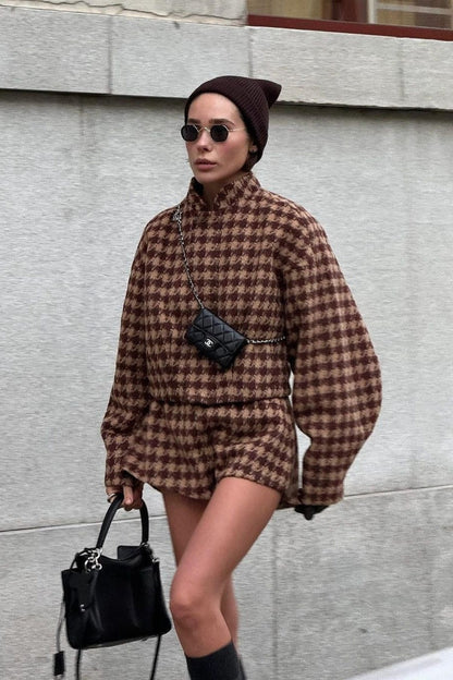 Luvik | Houndstooth Vetoketjullinen Takki ja Shortsit Kahden Osan Setti