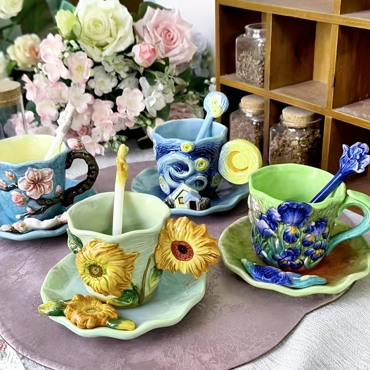 ArtSip Keramikkopp & Underskål Sett – Håndmalte 3D-design inspirert av Van Gogh | Luvikno