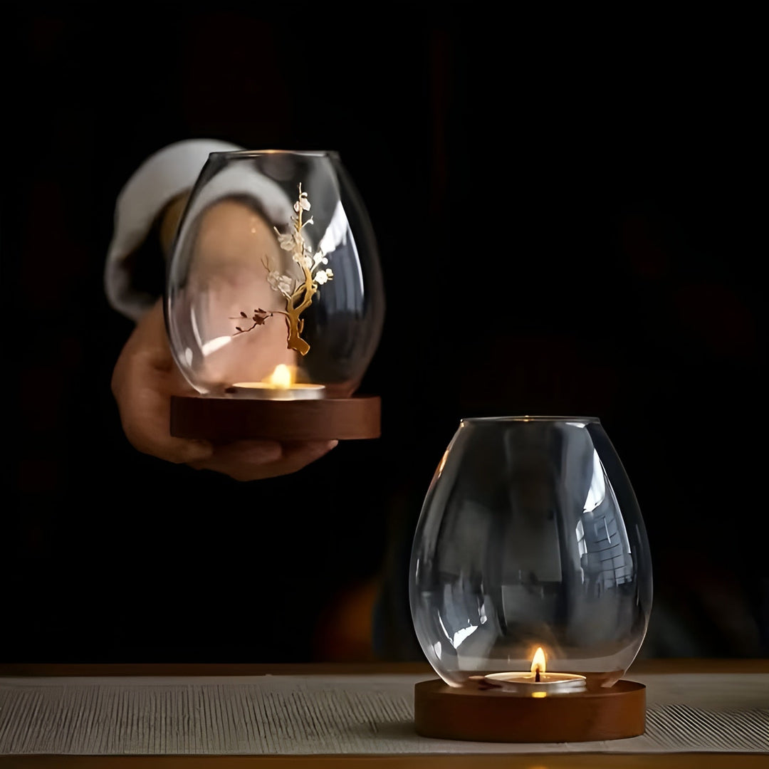 2-delt sett glasskandelholdere med tresokkel - dekorativ i retro zen-stil | perfekt for stue, borddekorasjon og utendørs | Luvikno