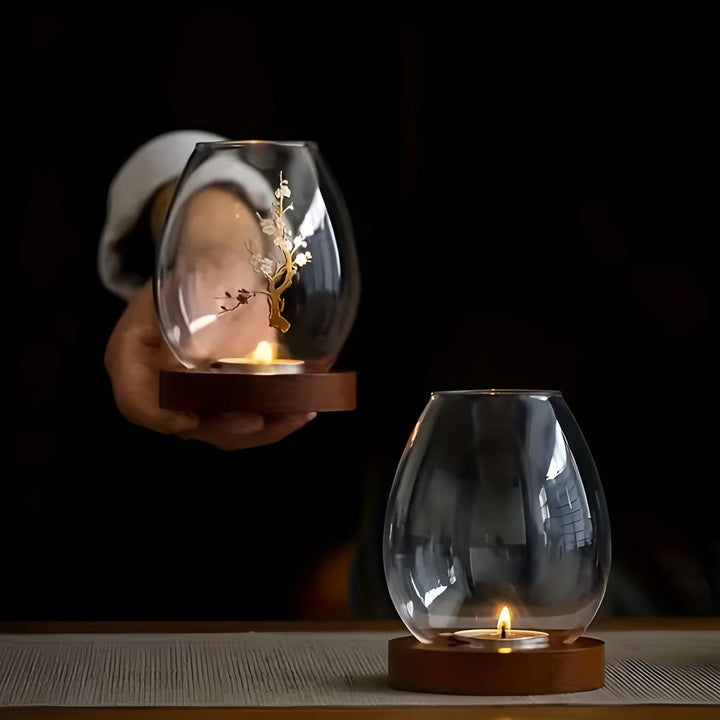 2-delt sett glasskandelholdere med tresokkel - dekorativ i retro zen-stil | perfekt for stue, borddekorasjon og utendørs | Luvikno