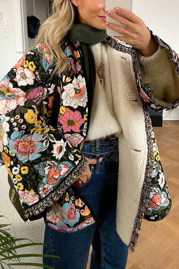 Luvik | Blomstermønster Knappejakke Fôret Sherpa-jakke