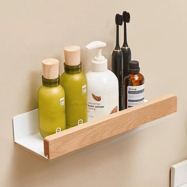 Luvikno | Solid Wood Bathroom Shelf – No-Drill Veggmontert Badeorganisator