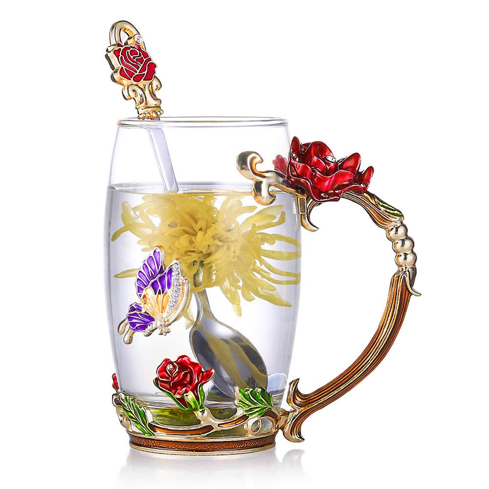 Emalje Rose Glass Tekopp Sett (Med Skje) | Luvikno